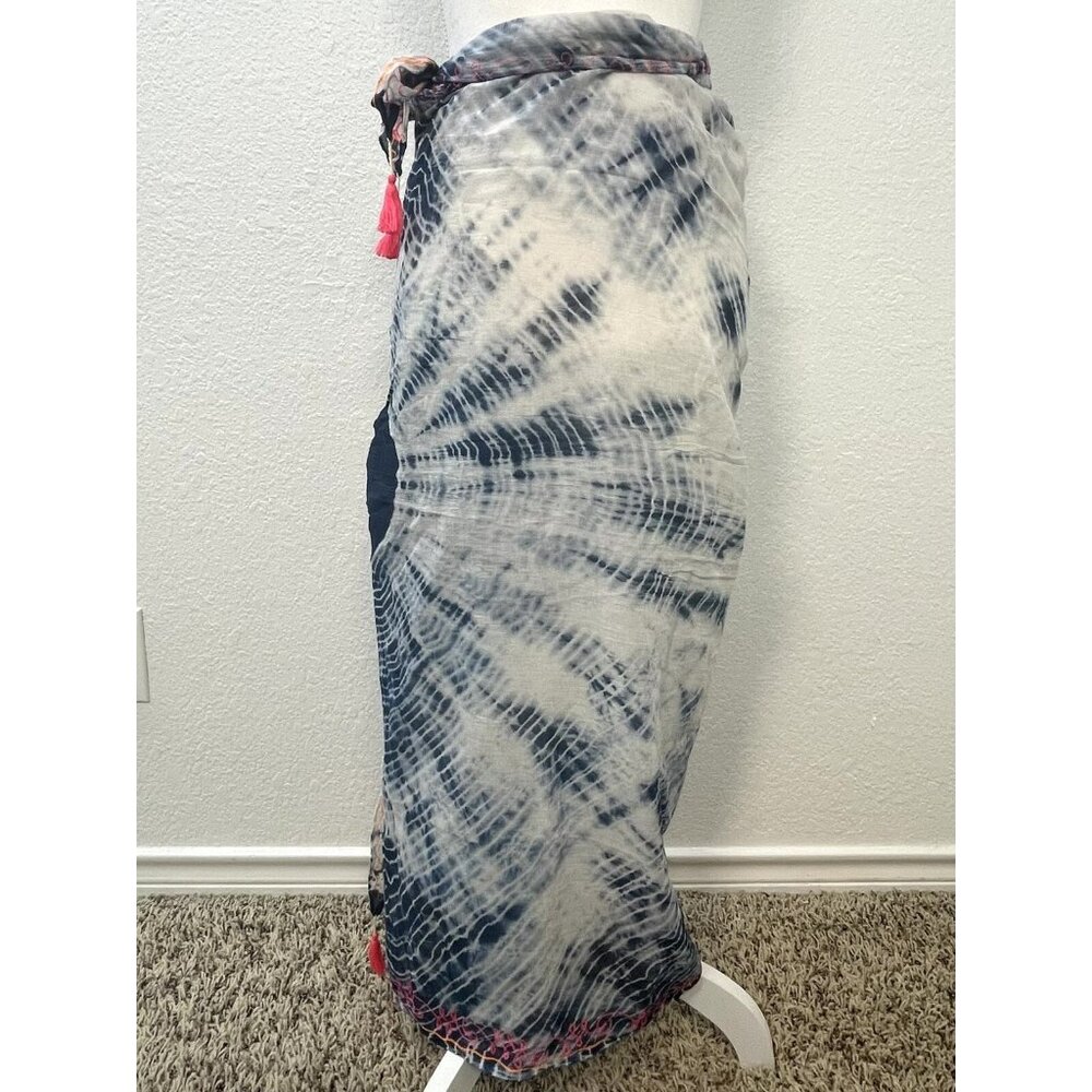 DEI Sea LIfe Womens Blue/White Tie-Dye Sheer SARONG SCARF Embroidered Tassels